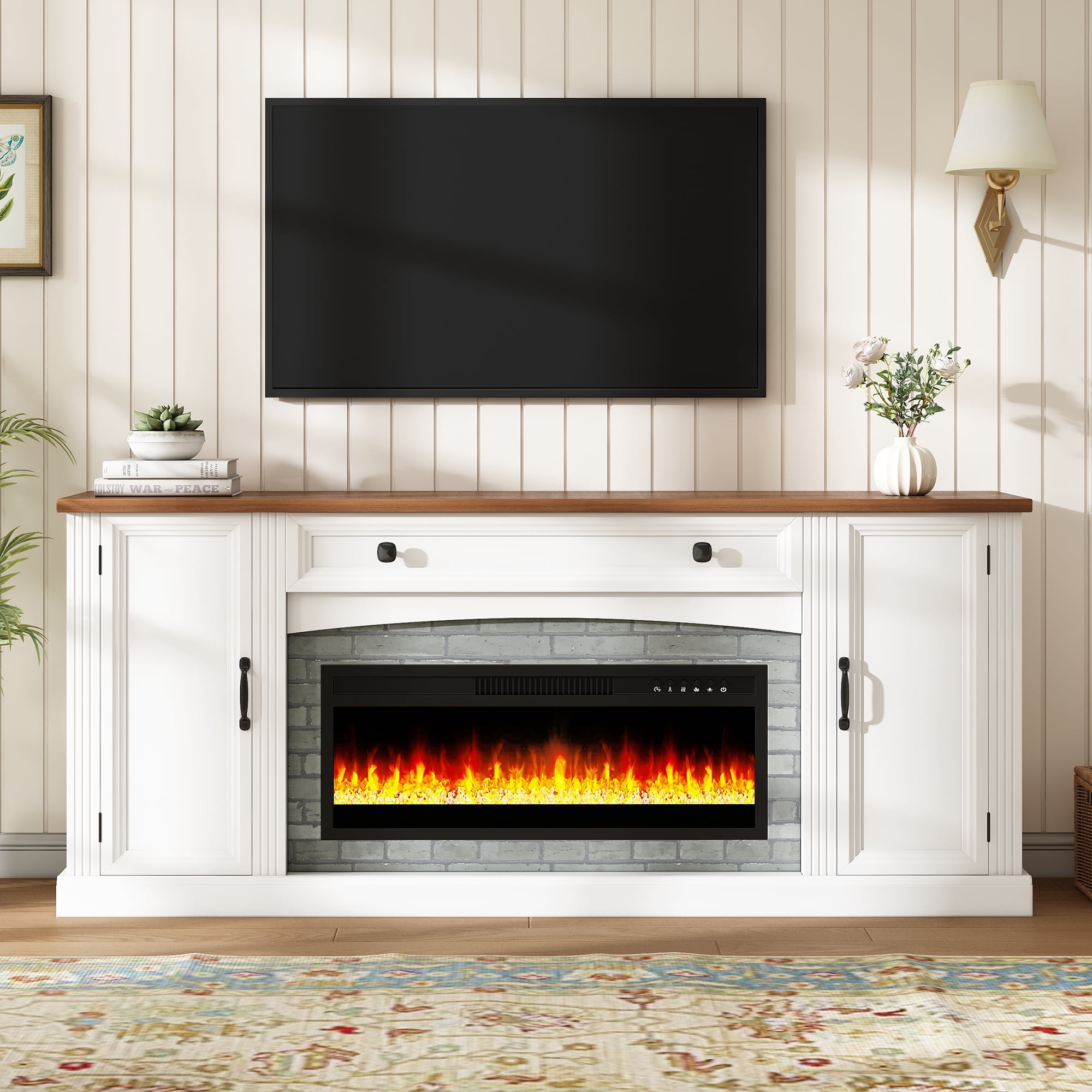 Mintazer Farmhouse Electric Fireplace TV Stand for TVs Up to 70", Entertainment Center with 2 Storage Cabinets & Large Drawer and Adjustable Shelves for Living Room, White