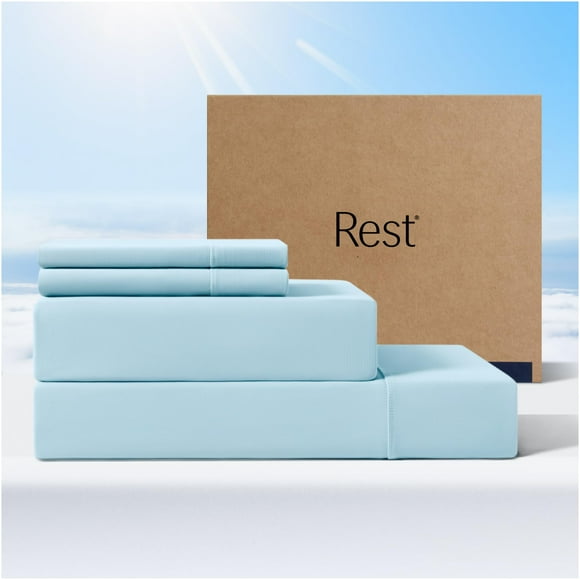 REST Evercool+ Cooling Sheet Set, Full Size, Light Blue, Breathable Bed Sheets for Hot Sleeper and Night Sweats, with Pillowcases, with Ionic+ Self-Cleaning Silver Yarn for Sensitive Skin, 4PCS