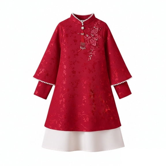 Ruyang Girls New Year Dress Chinese Traditional Embroidered Floral Cheongsam Youth Cute Elegant Double Layer Soft Qipao Dresses
