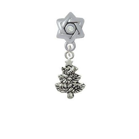 Christmas Tree Star Charm - Antiqued Christmas Tree - Star of David with Clear Crystal Charm Bead