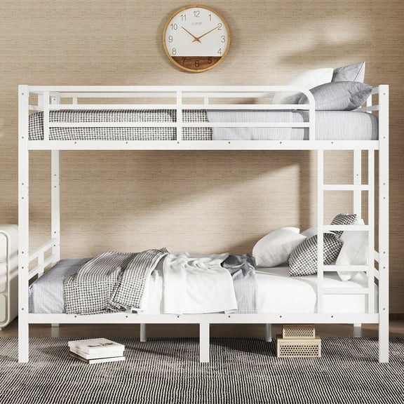 Eyisean Full XL Over Full XL Metal Bunk Bed for Teens and Adults, Heavy Duty Bunk Beds with Ladder & Guardrail Metal Slats, No Box Spring Required, Space-Saving, Modern Loft Bed Frame for Bedroom