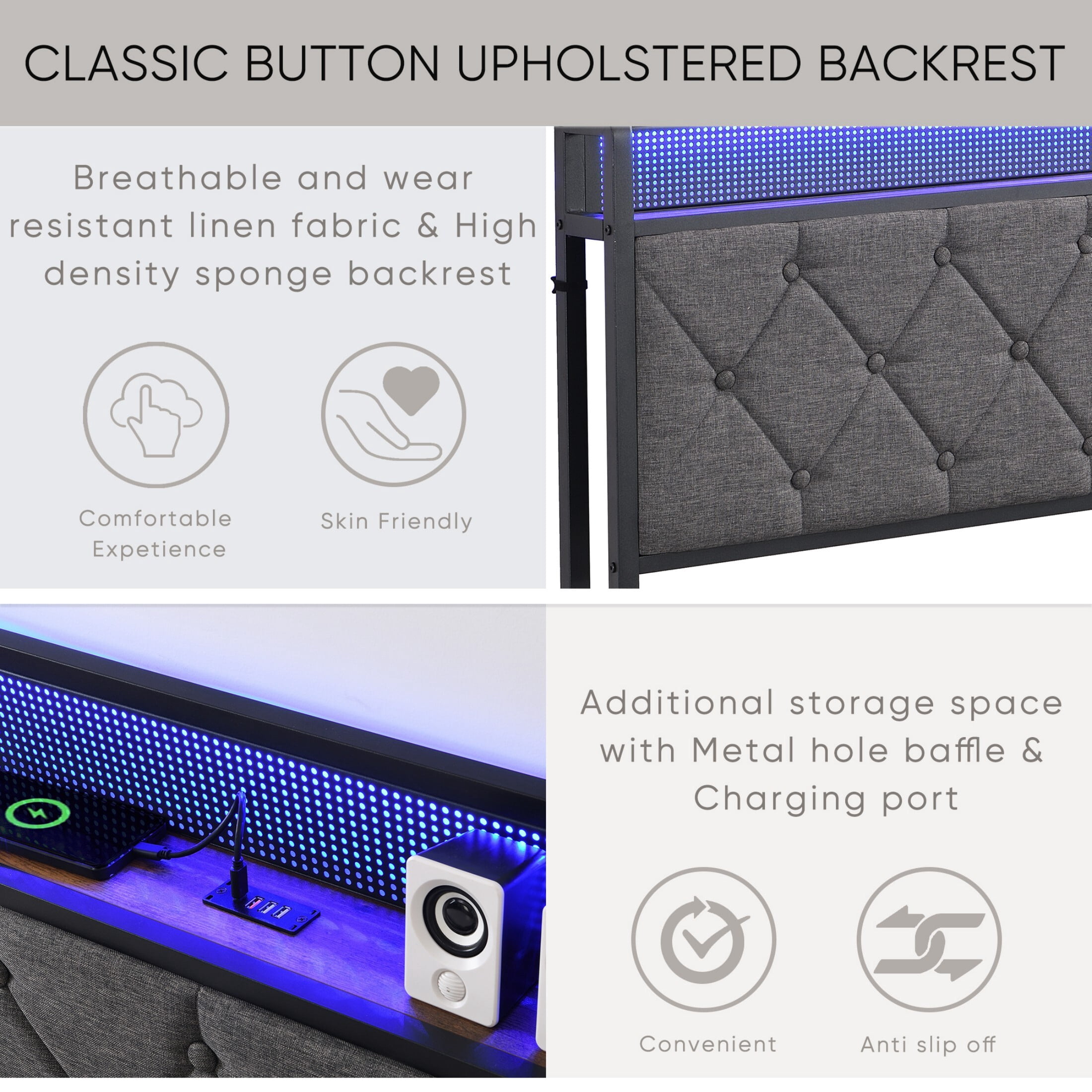 AENKYO Full Size Bed Frame Upholstered Backrest Bed with LED Lights, Platform Bed Frame with Charging Station, Dark Gray