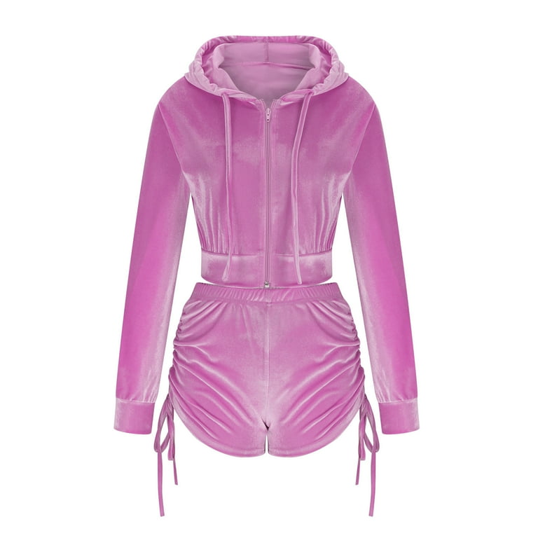 Velvet Shorts Set for Women Two Piece Full Zip Up Hoodie Jacket