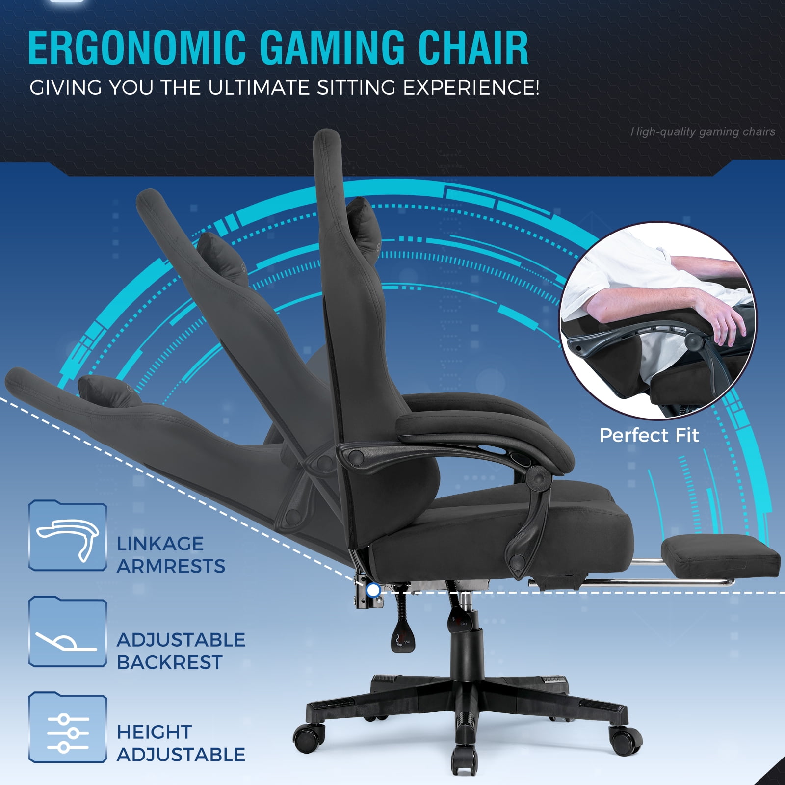 GTPLAYER Big & Tall Fabric Swivel Gaming Office Chair with Pocket Spring Cushion and Footrest, Black