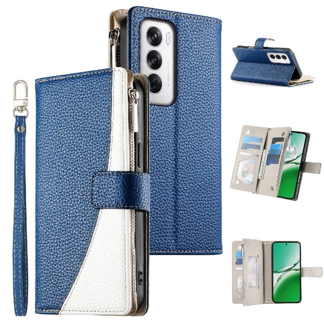 Funda cartera GANGXUN para OPPO Reno 12 5G , cuero PU con tarjetero, cremallera, correa de mano, soporte y protección 658°