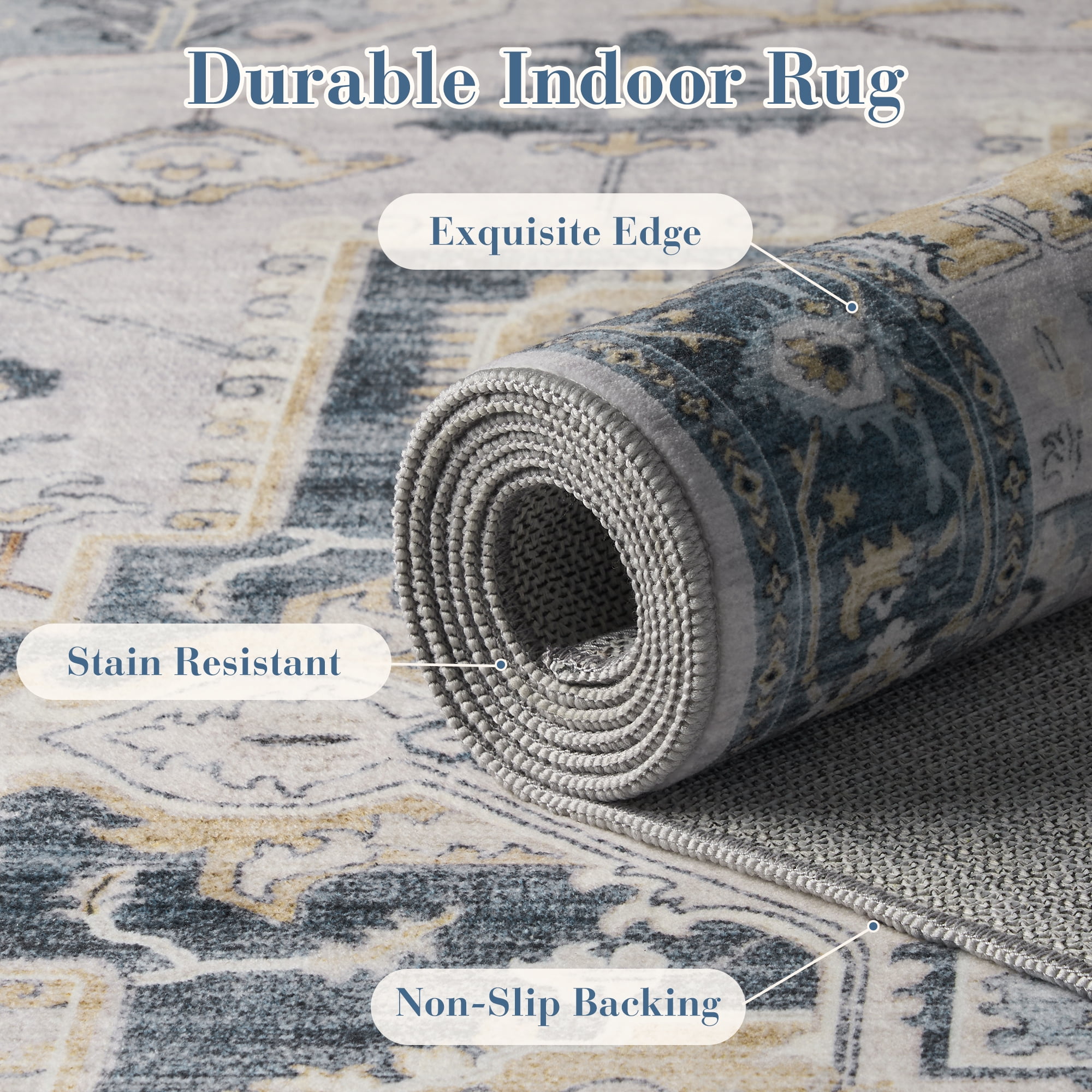 SIXHOME 9'x12' Area Rugs for Living Room Washable Traditional Distressed Carpet Non Slip Soft Retro Floral Indoor Throw Rug for Bedroom Dinning Room Vintage Blue
