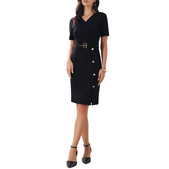 INSPIRE CHIC Mother's Day Women's Sheath Dress with Belted Button Decor Short Sleeve 2026 Pencil Dress S Black