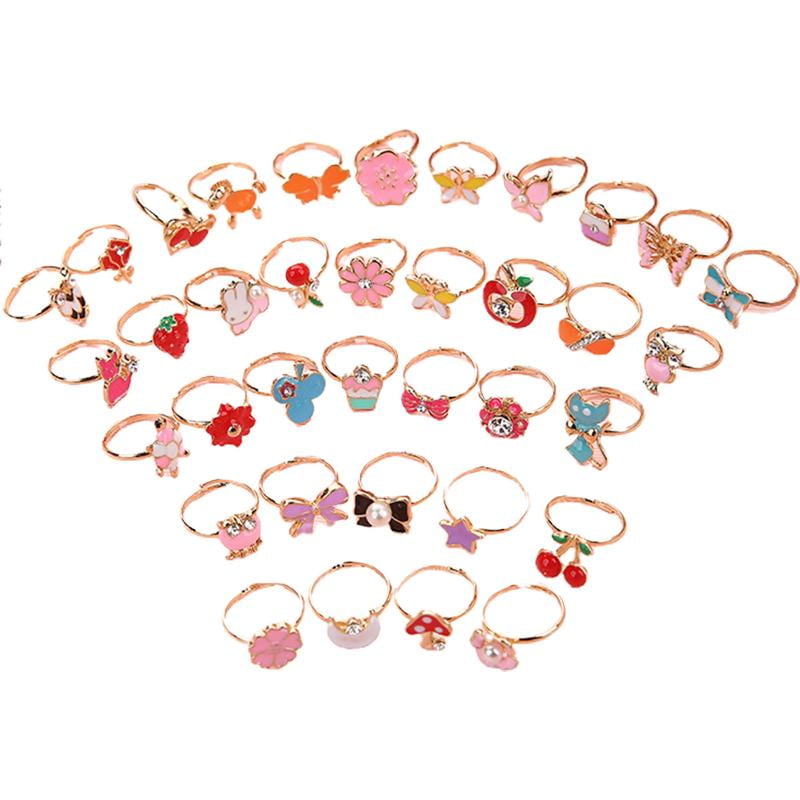 36 Pcs/set Cartoon Children Rings Flower Animal Adjustable Alloy Kids