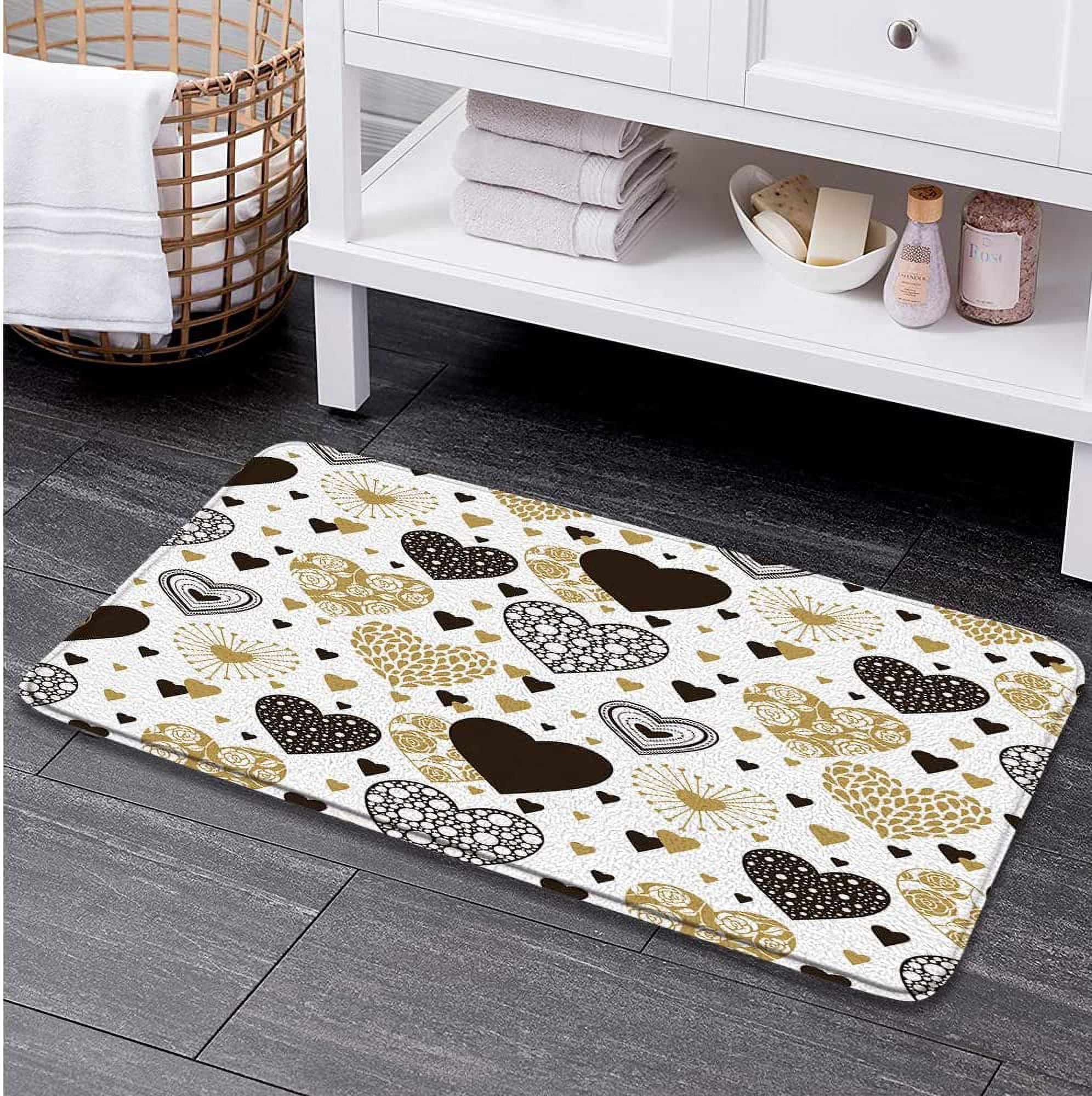 Hearts Bath Mats for Bathroom Romance Valentines Black and Gold Love on White Background Memory Foam Flannel Bath Floor Rugs for Kitchen Bathtub Laundry 23.6 x 15.7 Inch
