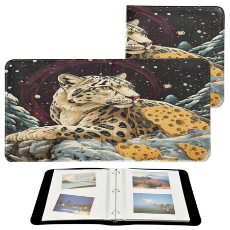 WOBOGO Cheese Snow Leopard Illustration Photo Albums 20 Pages Large Capacity DIY Self-adhesive Page PU Leather Cover for Family Wedding Anniversary Baby Vacation Photos 24×11.8in