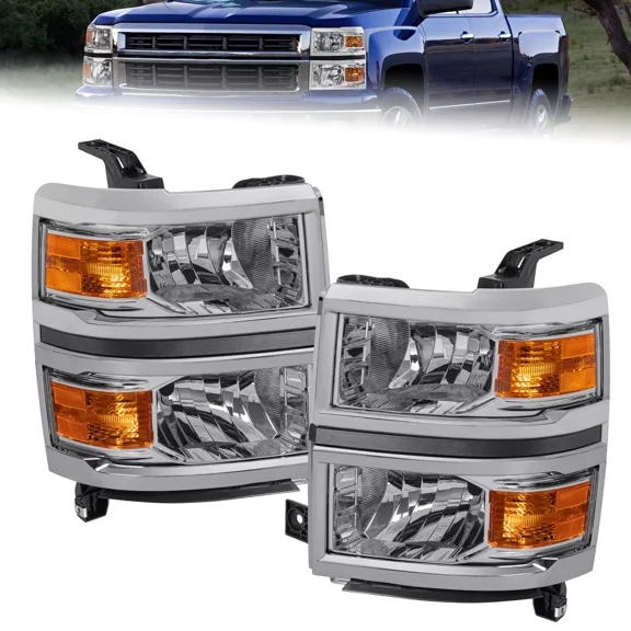 MOSTPLUS Pair Chrome Headlights Headlamps for 2014 2015 Chevy Silverado 1500 LS LT LTZ