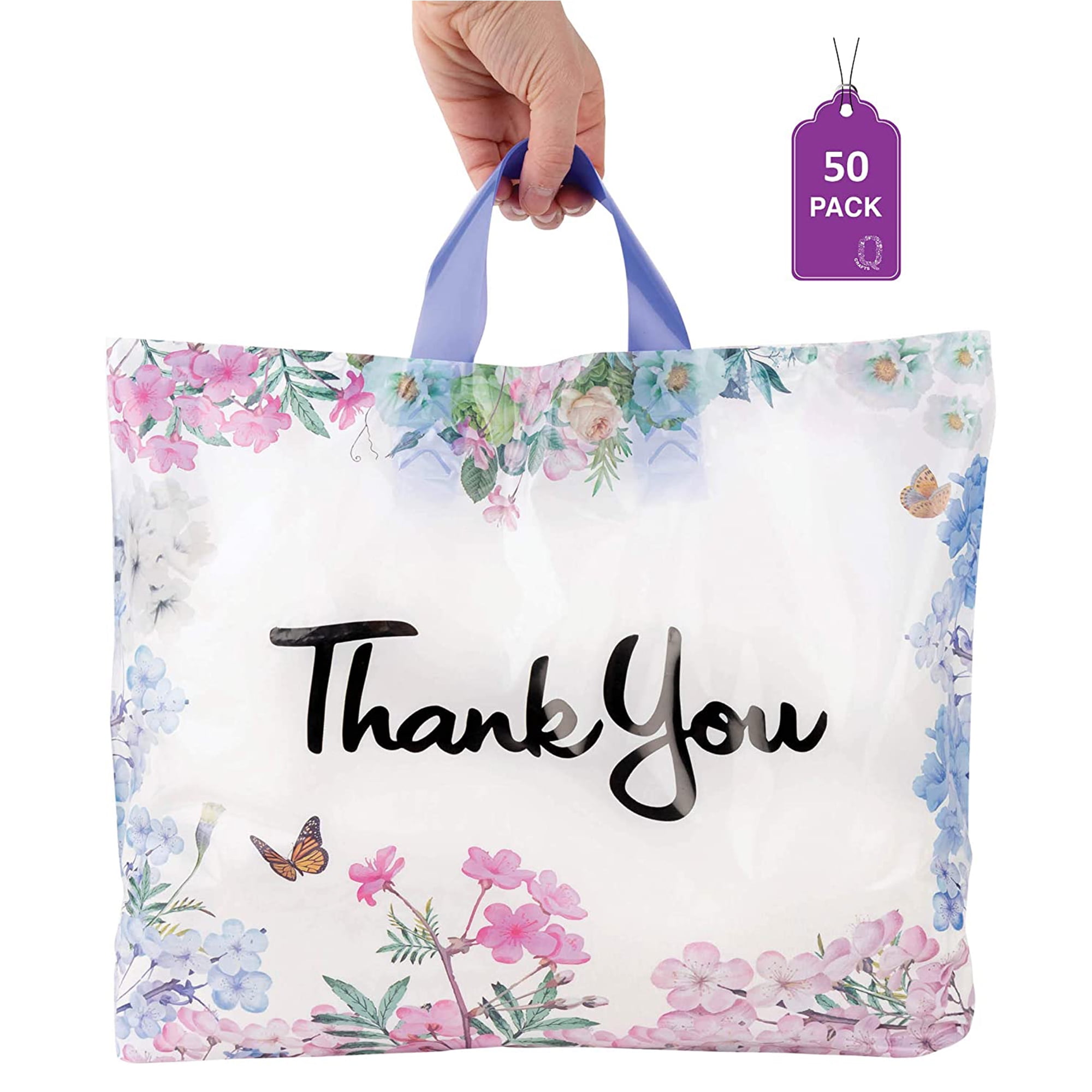 Purple Q Crafts Floral Plastic Thank You Bags with Soft Loop Handle for