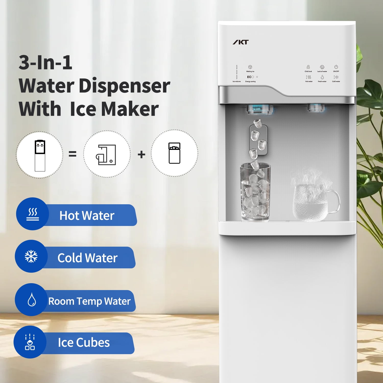IKT Self Cleaning 5 Gallon Bottom Load Water Dispenser with Ice Maker ，22lbs Daily Capacity，3-Temp（Hot/Room/Cold），Child Safety，Lock Empty Bottle Light，White