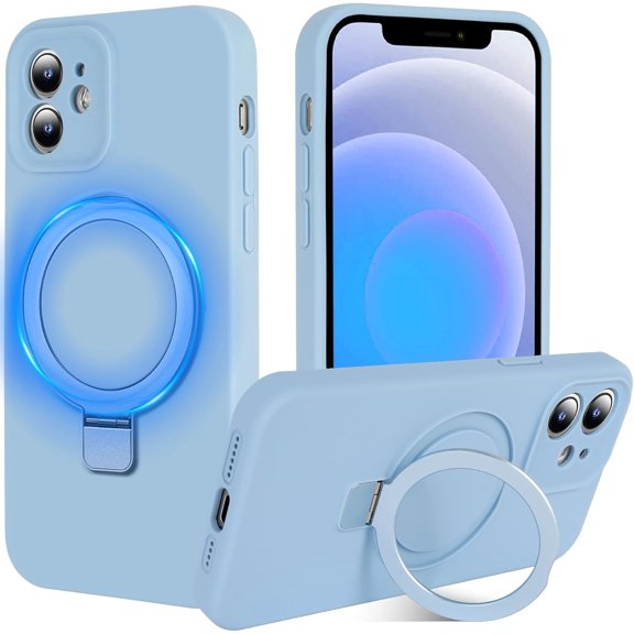 with Magnetic Invisible Stand Phone Case for iPhone 12 6.1 inches, Silicone Compatible with Magsafe Military Grade Full Camera Protection Phone Covers for Women Men(Light Blue)