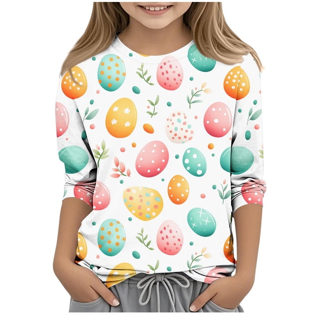 T-shirt Graphique de Pâques pour Enfants Manches 3/4 Col Rond Mélange de Coton Doux avec Imprimé de Vacances pour Garçons et Filles