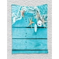 thumbnail image 1 of Maritime Tapestry, Nautical Elements Starfishes Shells and Net on Painted Wooden Planks Picture, Wall Hanging for Bedroom Living Room Dorm Decor, 60W X 80L Inches, Aqua and Tan, by Ambesonne, 1 of 2