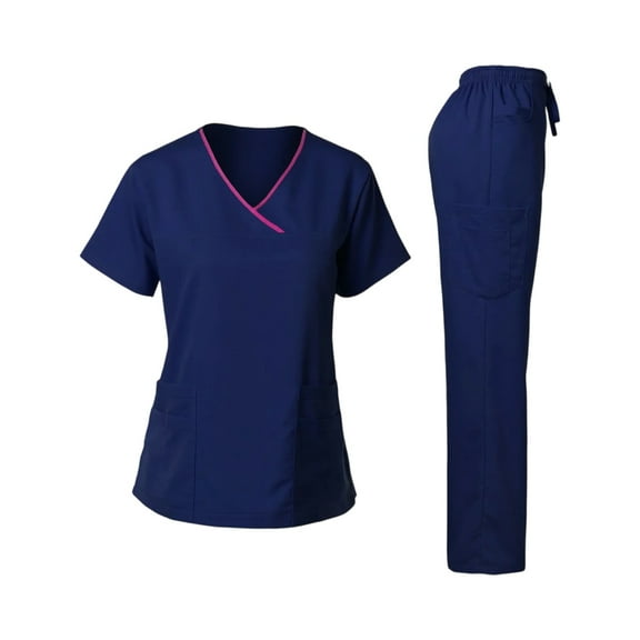 Scrubs for Women Set Pocket Top & Drawstring Jogger Scrub Pants Stretch Nursing Scrubs Set Uniform Navy XL