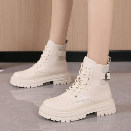 

Cathalem Boots Leather Women 11 Fashion Women Artificial Leather Solid Color Autumn Thick Sole Square Women Boots Flat Leather White 6.5