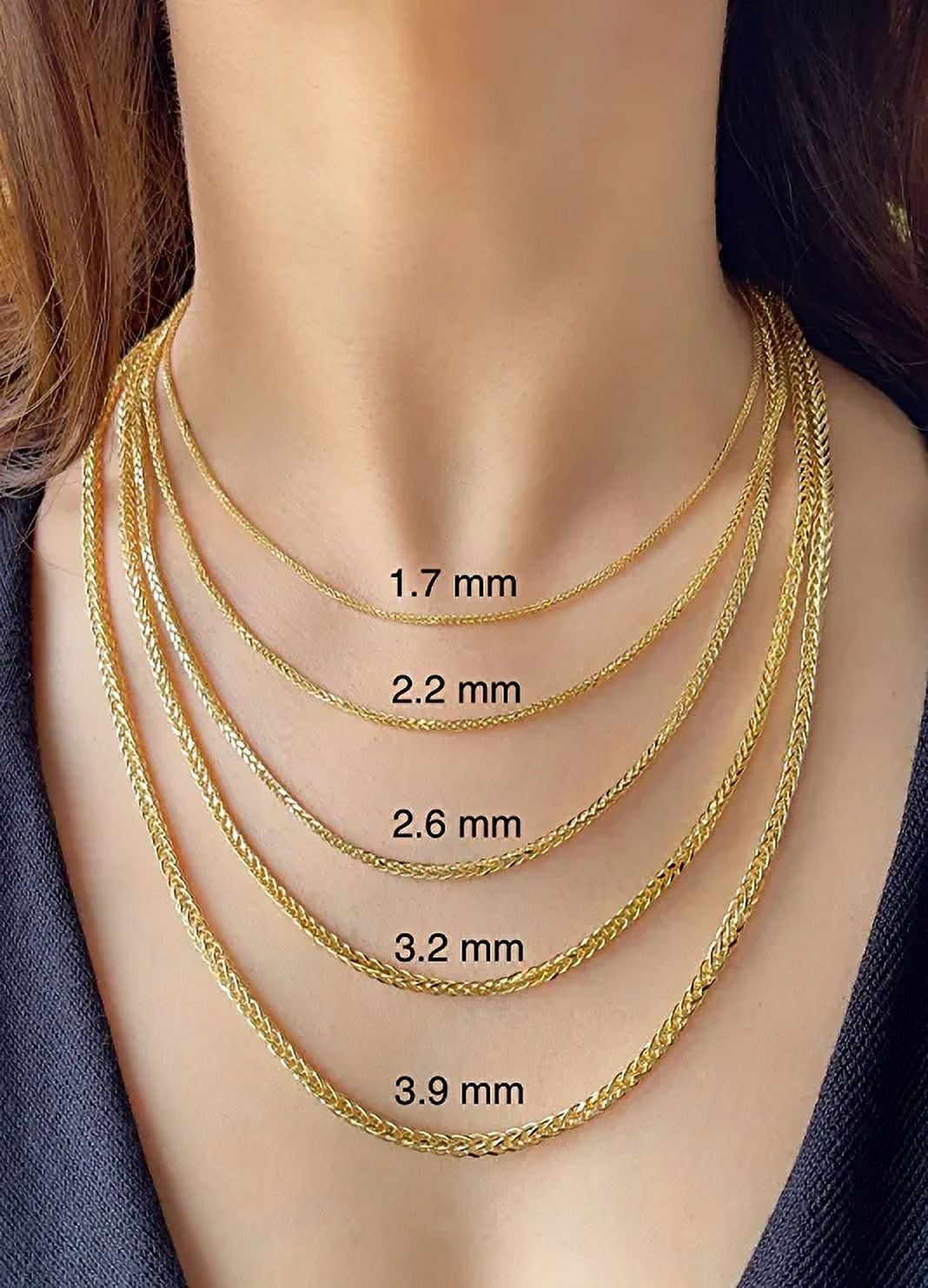 Jewelheart 10K Real Gold Square Wheat Spiga Chain 1.7mm 2.2mm 2.6mm 3.2mm Diamond Cut Braided Foxtail Necklace For Men Women