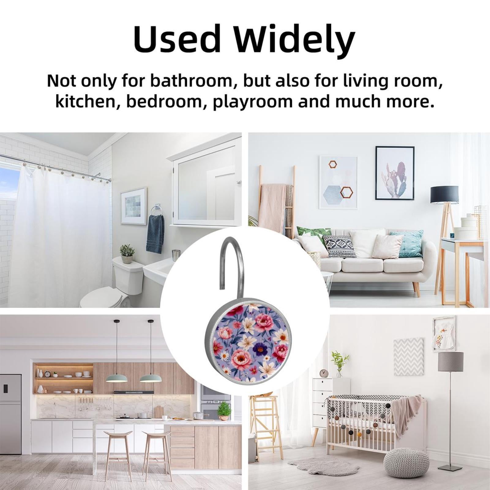 12pcs Decorative Shower Curtain Hooks, Rust Resistant Shower Rings for Bathroom Living Room,Rustproof Stainless Steel Rings for Shower Curtain and Liner Rods,Bohemia Style Flowers Purple