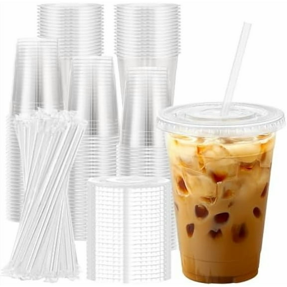 100 Pack 24 oz Clear Plastic Cups with Lids and Straws, Disposable Plastic Coffee Cups with Lids for Iced Coffee, Cold Beverages, Smoothies and To-Go Drinks