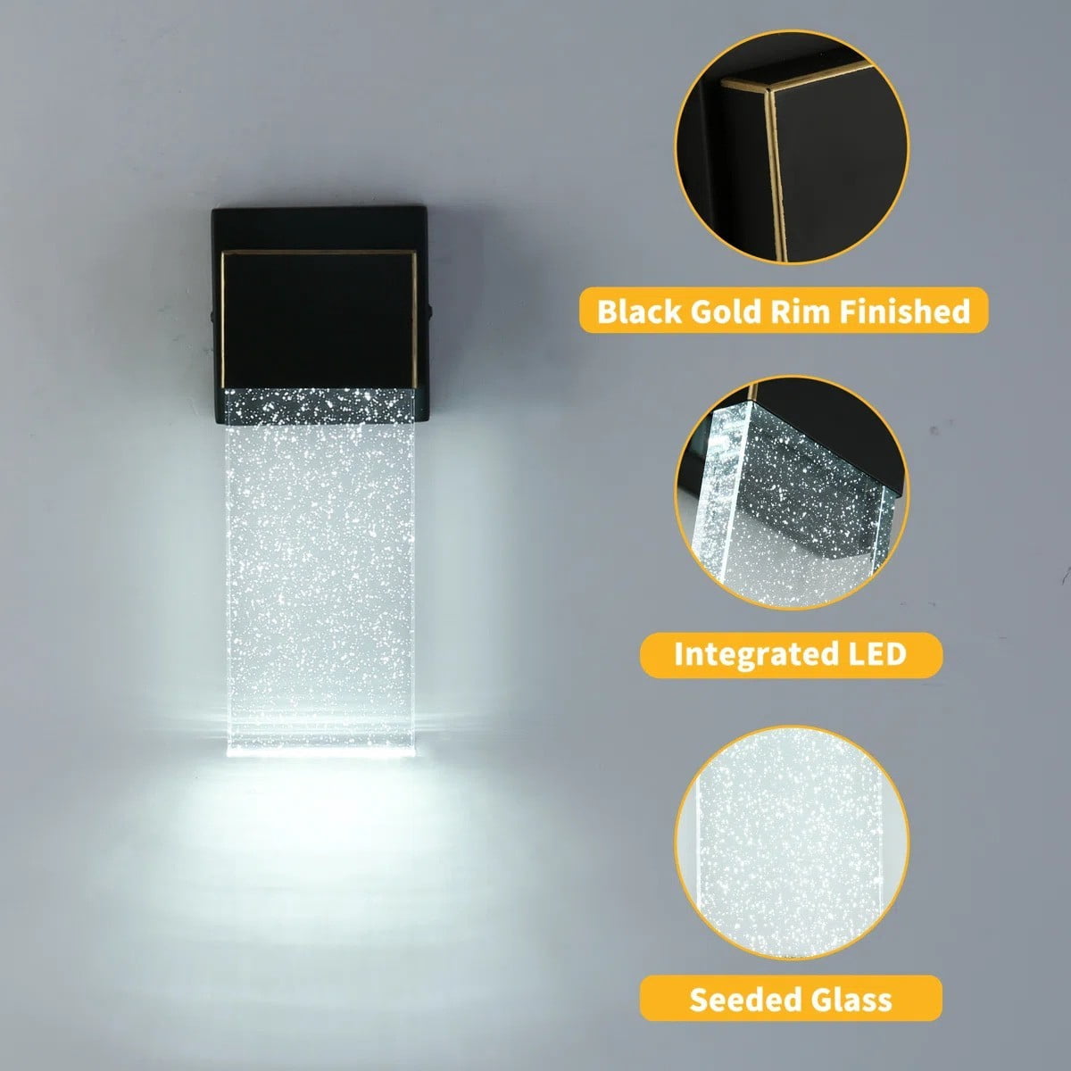 6W LED Wall Sconce Light, Modern Black Bubble Glass Indoor Outdoor Waterproof Wall Fixture, 6000K Cool White 420 Lumens, Easy Install for Bedroom Porch Patio 2 Pack
