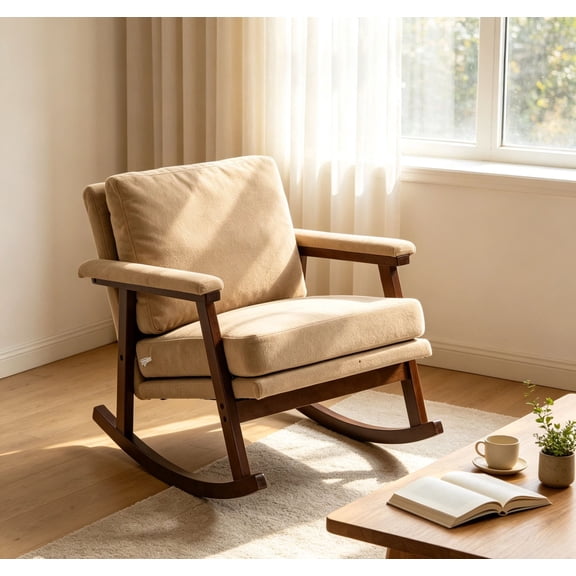 Euroco Mid Century Modern Rocking Chair Nursery, Teddy Upholstered Accent Chair with Solid Wood Frame,Glider Rocker Reading Armchair for Living Room Bedroom,Khaki