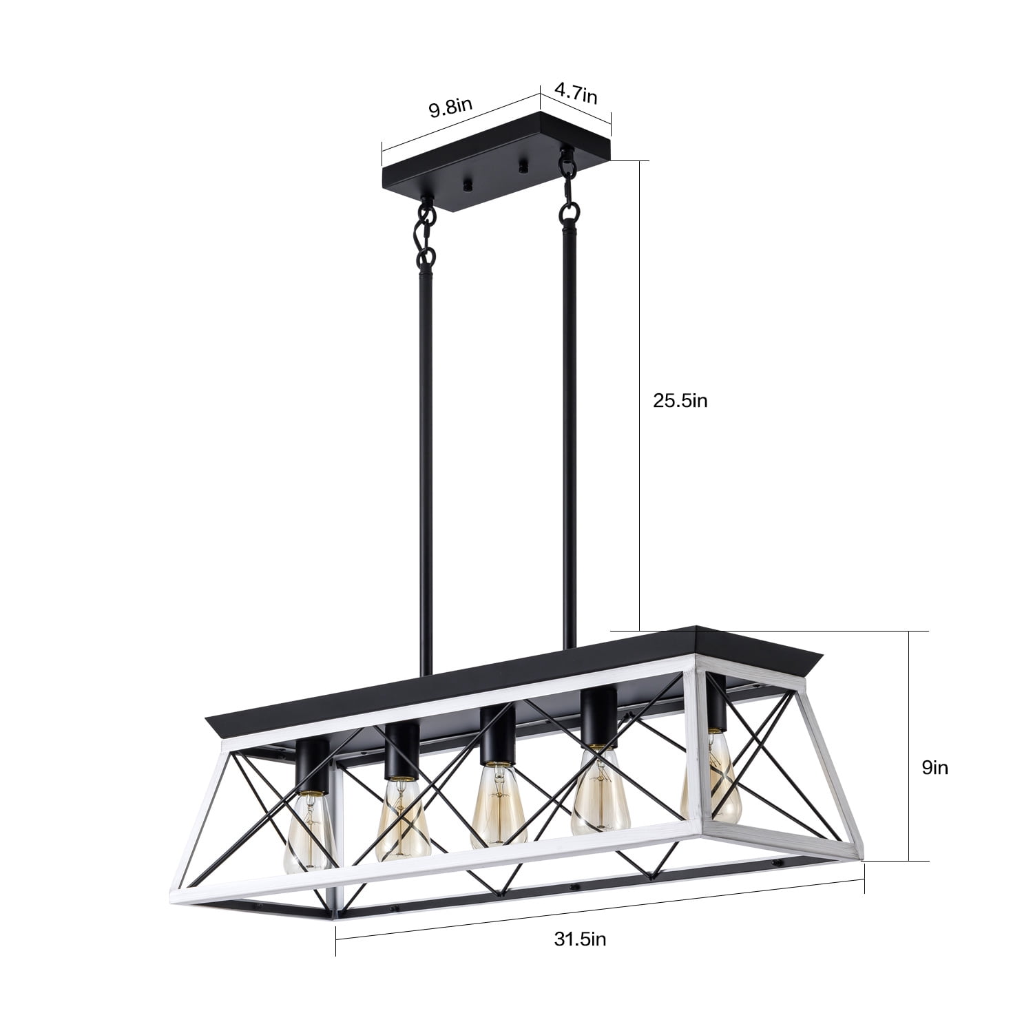 Black White Industrial 5-Light Pendant Chandelier 32 Inch, Metal Cage Design for Dining Room Kitchen, Black White