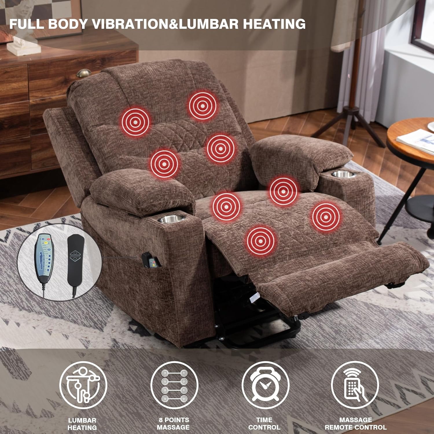 Lift Chair with Heat and Massage, Zero Gravity Lay Flat Recliner with Cup Holders & Adjustable Seat for Adults Living Room Lounge Recliners on Clearance