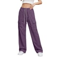 thumbnail image 2 of LVHAOGJOB Womens Wide Leg Cargo Pants with Pockets Pants Elastic Waist Lightweight Drawstrings Trousers for Juniors, 2 of 5