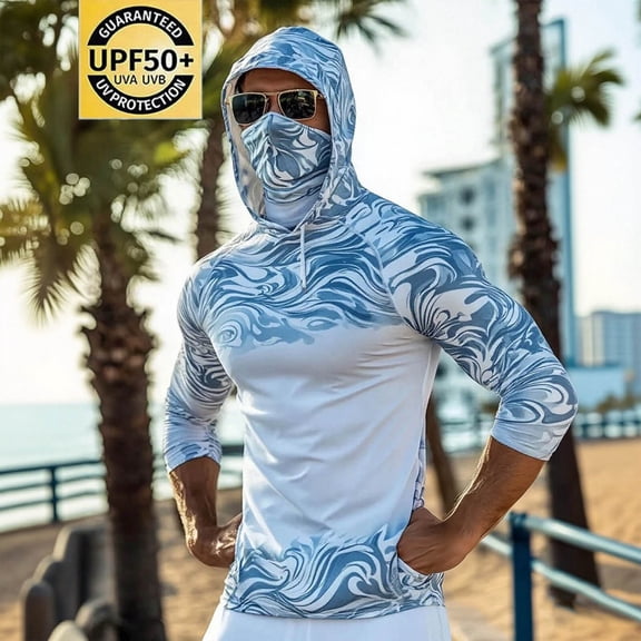 VBVC Men's Wave Print UPF 50 Sun Protection Hoodie,Full Face Cover Quick Dry Fishing Shirt For Men,UV Block Long Sleeve Rash Guard for Beach Hiking,Light Blue,S-3XL