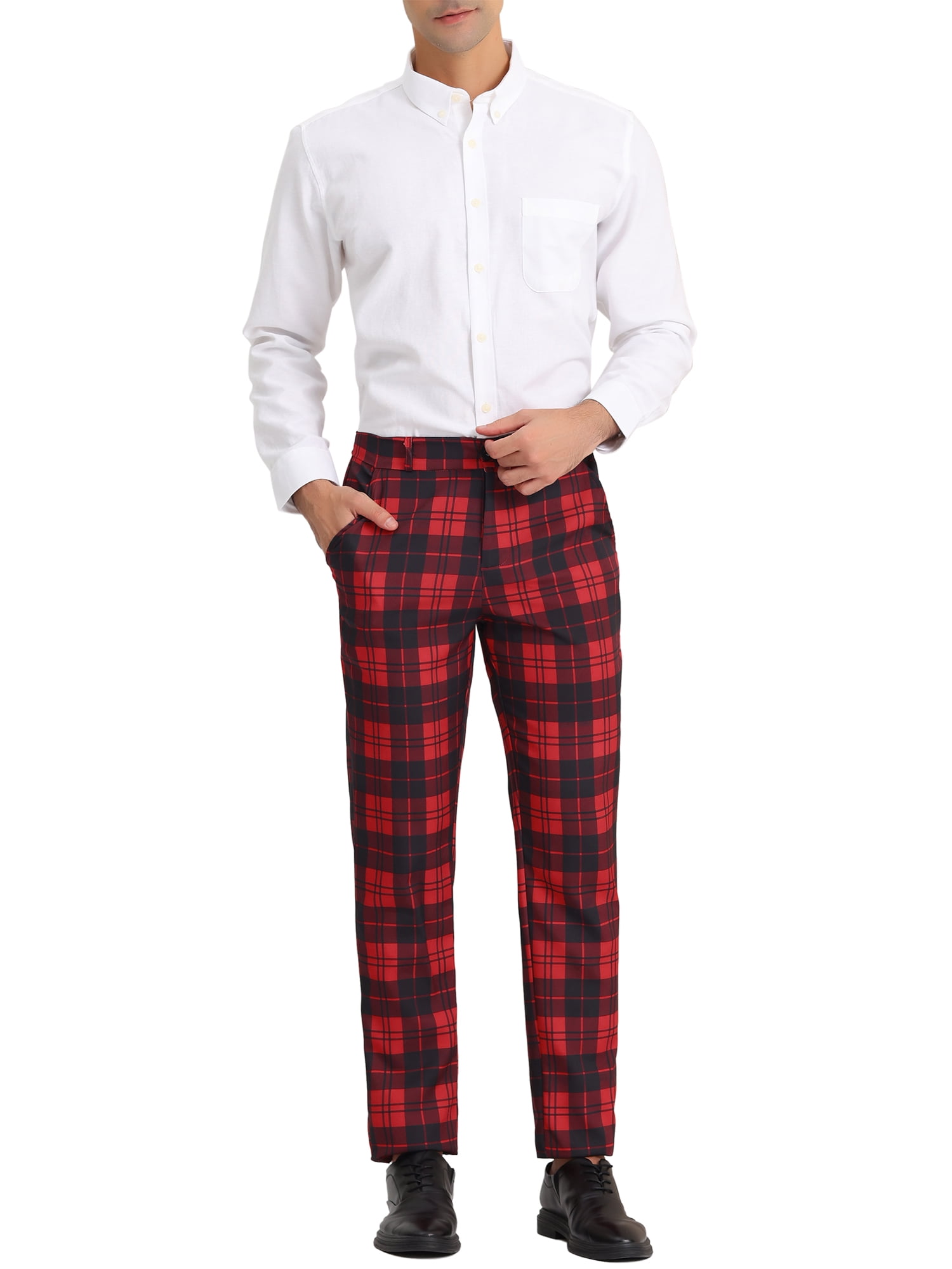 Unique Bargains Men's Plaid Slacks Regular Fit Flat Front Work Prom Checked Pants 30 Red