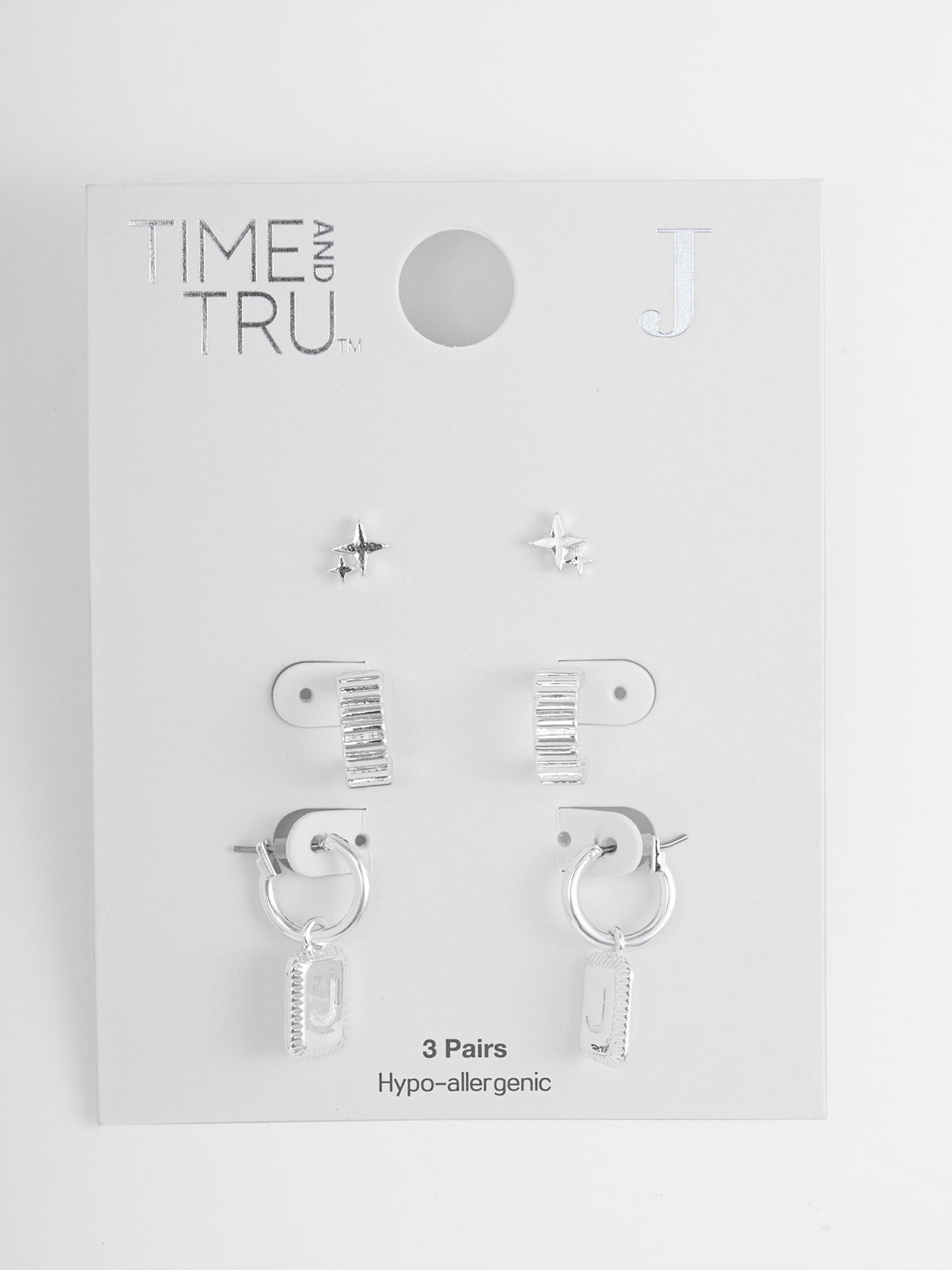 Time and Tru Women's Silvertone Multi Earring Set, 3 Pairs, Initial J