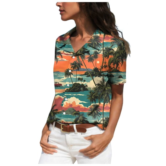 felwors Womens Sunset Palm Tree Hawaiian Shirt Loose Fit Tropical Vacation Button Up Blouse (Green, XXL)