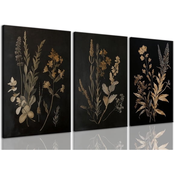 Dark Floral Canvas Wall Art Set of 3 Moody Flower Decor Vintage Botanical Prints Black Wildflower Wall Art for Living Room Bedroom Office 12x16in Framed