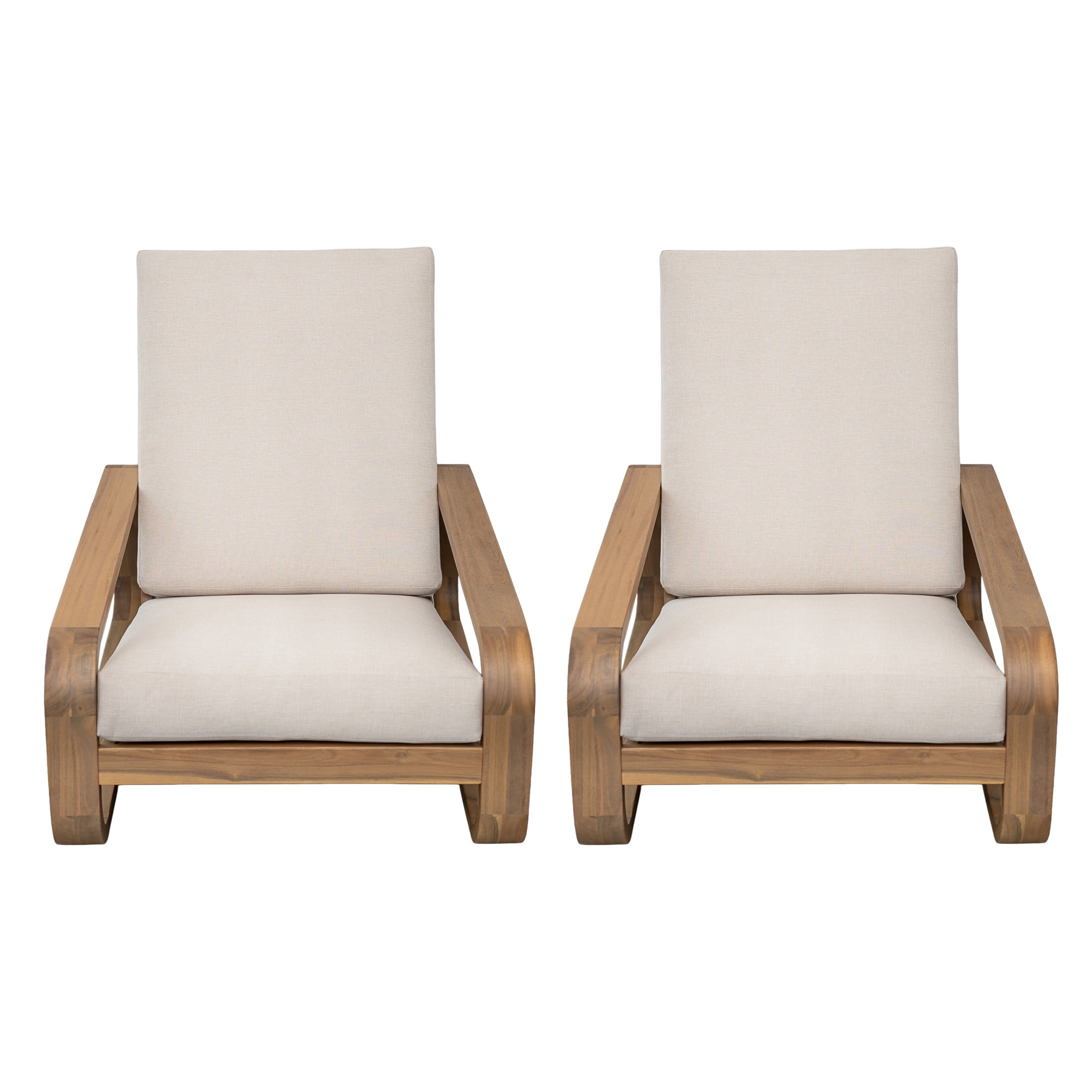 Christopher Knight Home Outdoor Acacia Wood Lounge Chair with Beige Cushion, Curved Frame, Light Teak, Set of 2