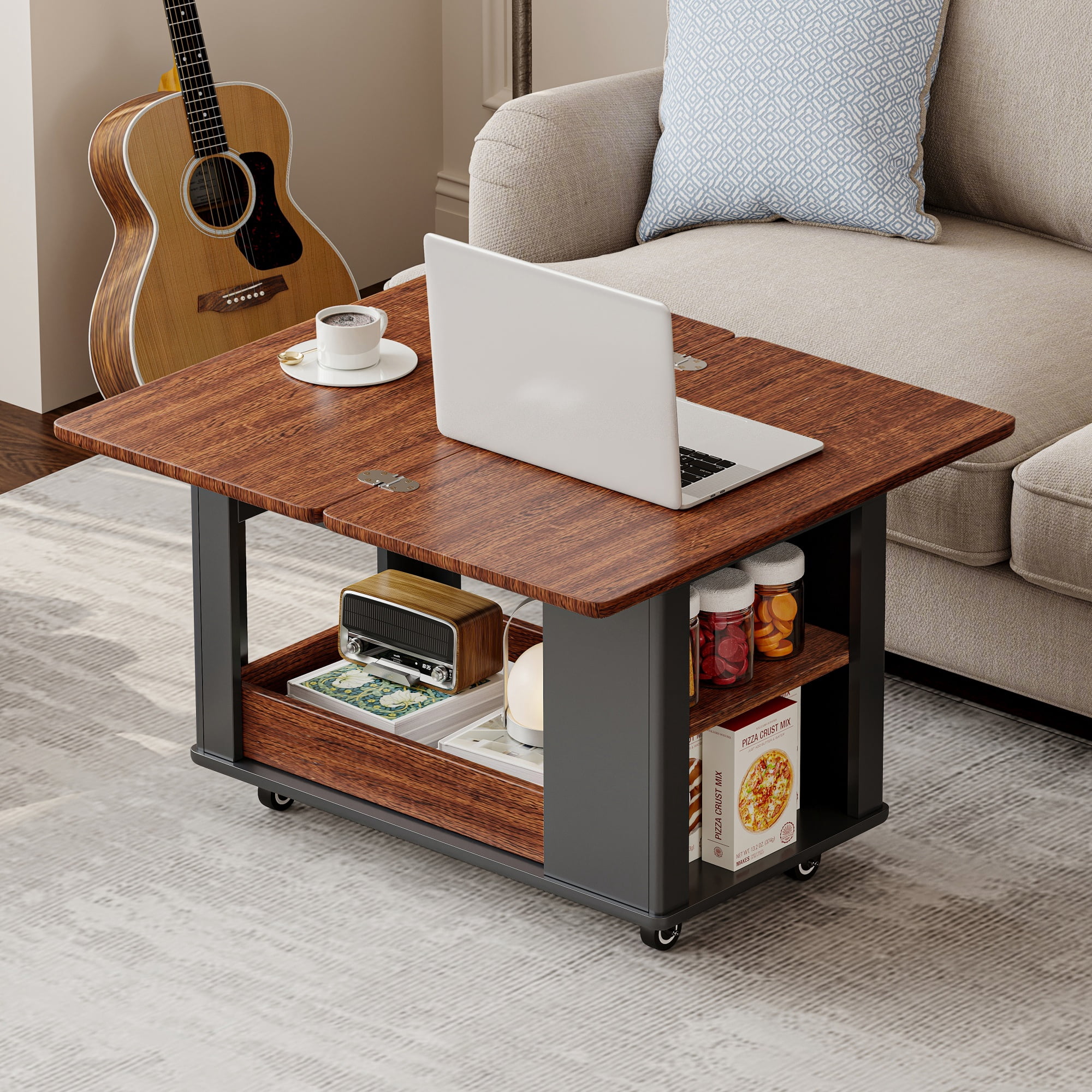 Euroco 27.6'' Modern Multi-Function Coffee Table/Side Table with Foldable Top & Casters, Multi-tier storage, Black & Walnut