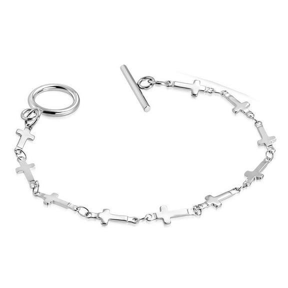 Stainless Steel Silver-Tone Religious Cross Bracelet