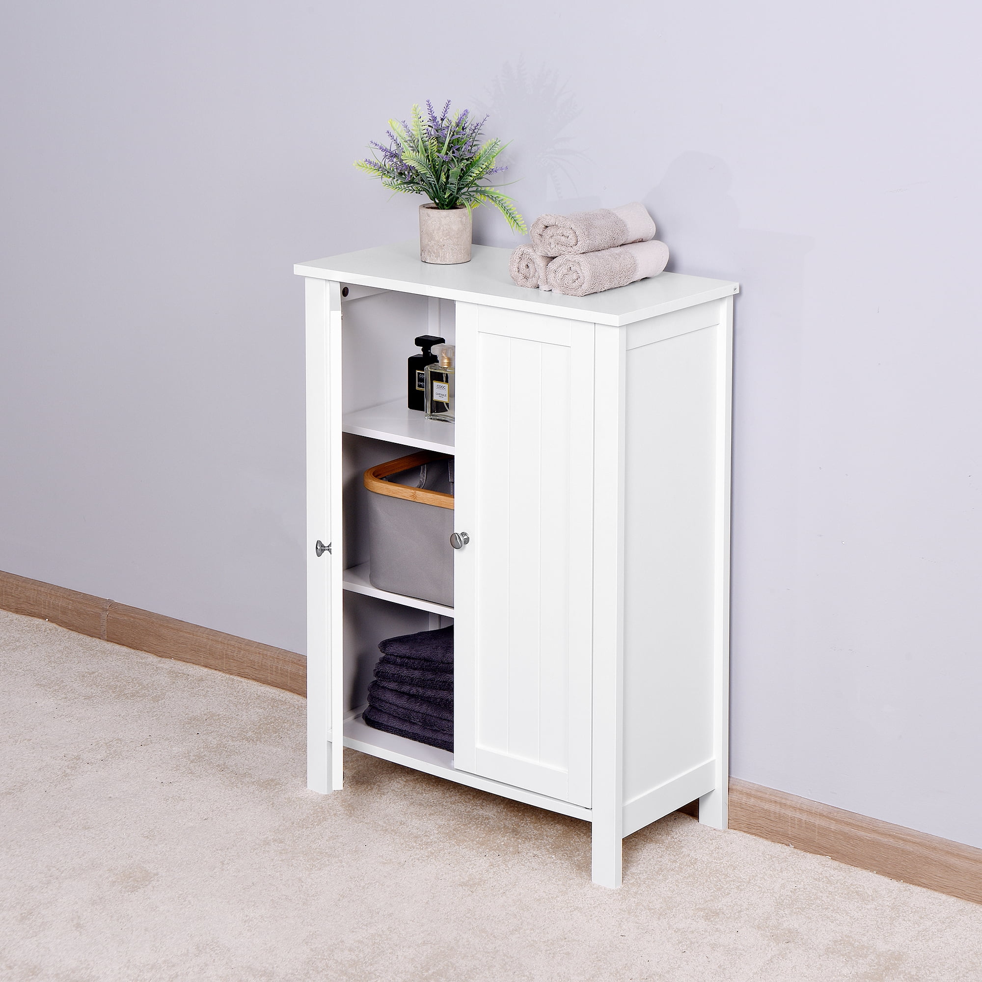 MAYEERTY White Bathroom Floor Storage Cabinet with Double Door & Adjustable Shelf