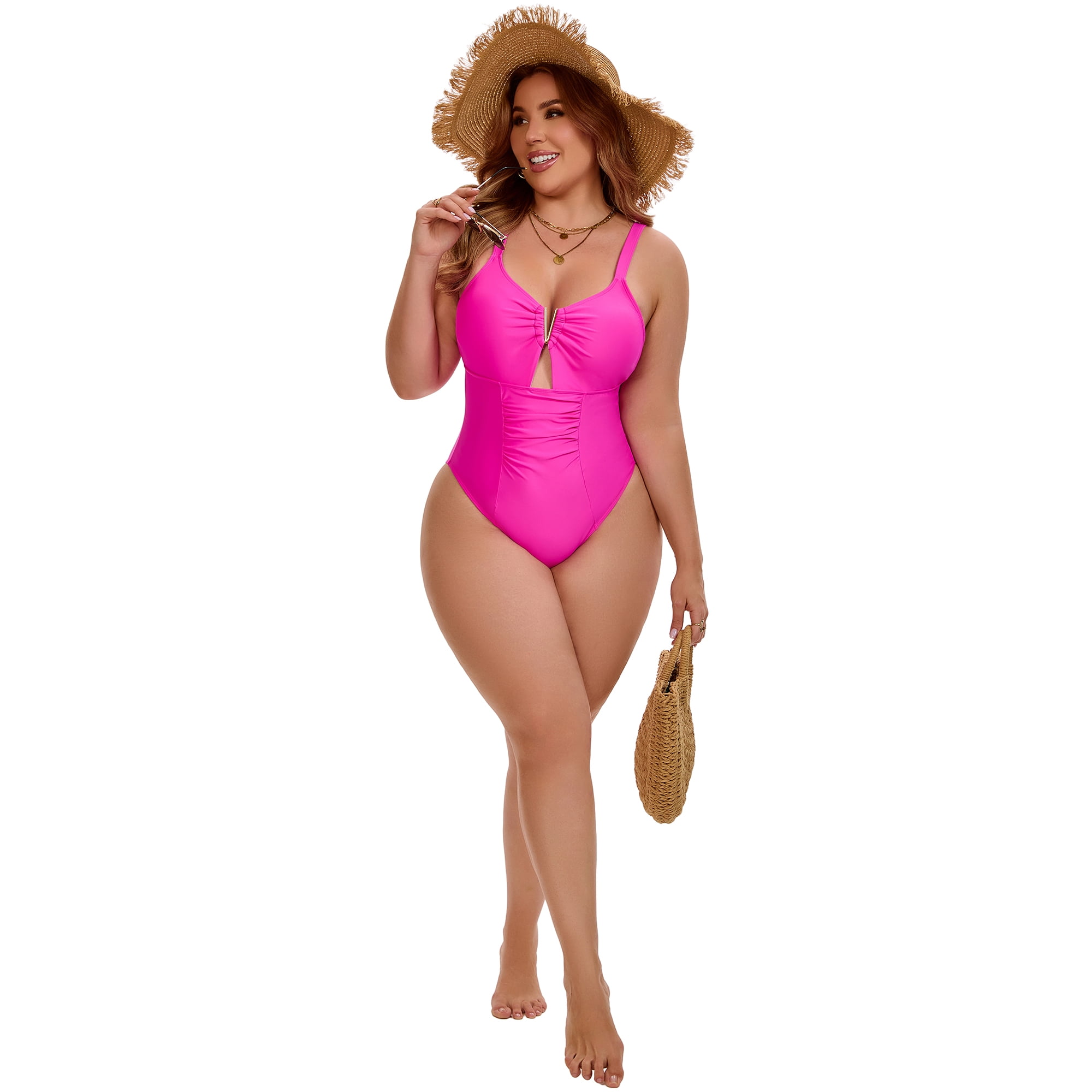 DARING DIVA Women's Plus 1 Piece V-Wire Cutout Push Swimsuit 4X Hot Pink