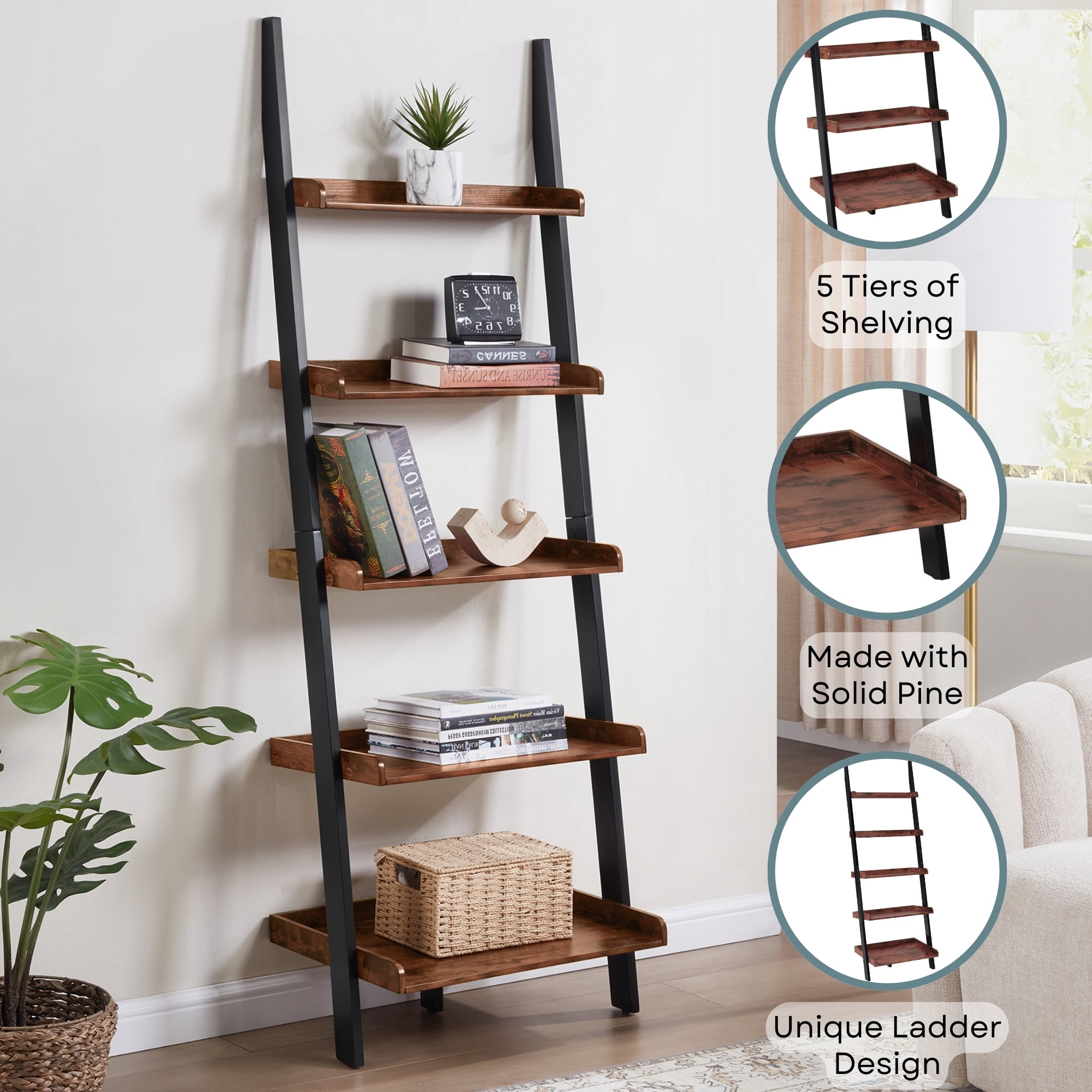 Convenience Concepts American Heritage 5-Shelf Ladder Bookcase, Barnwood/Black