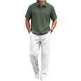 thumbnail image 2 of Cagogo Men's Plus Size 2 Piece Outfits Collared Short Sleeve Shirt Wide Leg Pants Casual Sets Solid Lounge Matching Suits Travel Vacation, Army Green XL, 2 of 5