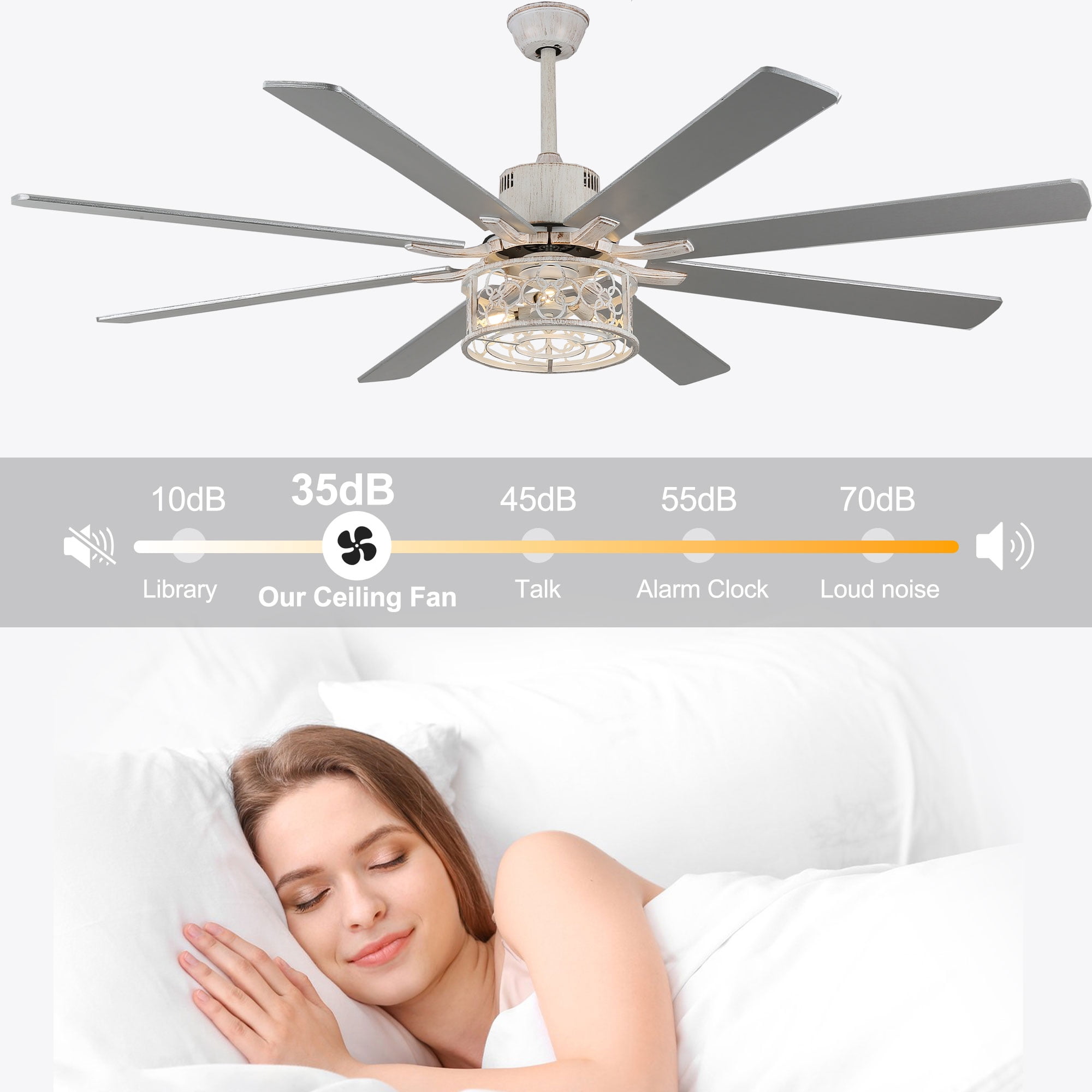 Chords Attic 72" Reversible 8-Blade Ceiling Fan with LED Lights, Remote 3-Color, 6-Speed and Timer