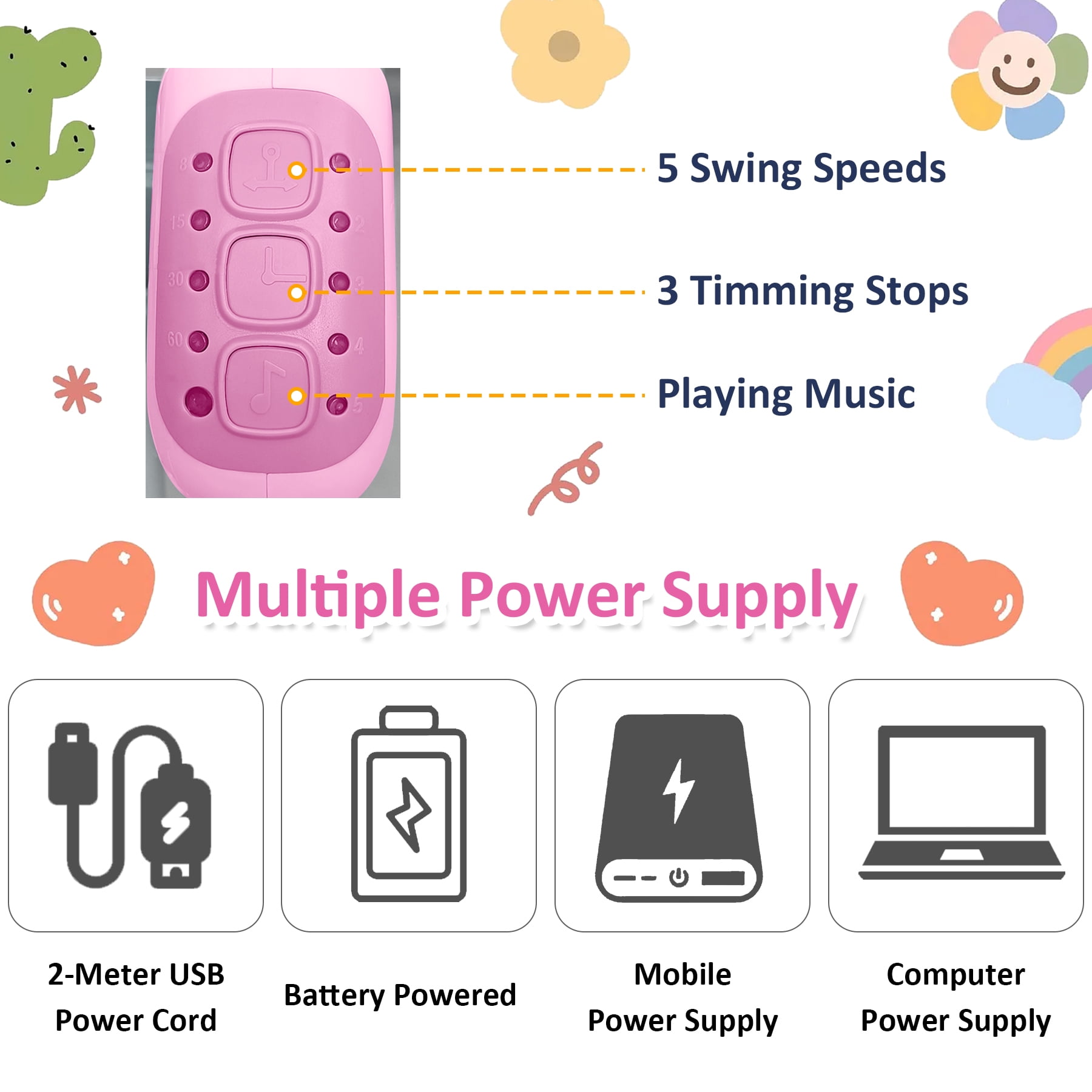 RICHYOUNG Folding Baby Swing for Infant,Bluetooth Music,Remote Control,5-Speed Baby Bouncer(Pink)