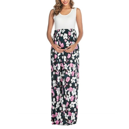 

QIPOPIQ Maternity Dress Clearance Woman Skirt Maternity Sleeveless Vest Flowers Print Length-skirt Fashion Dress
