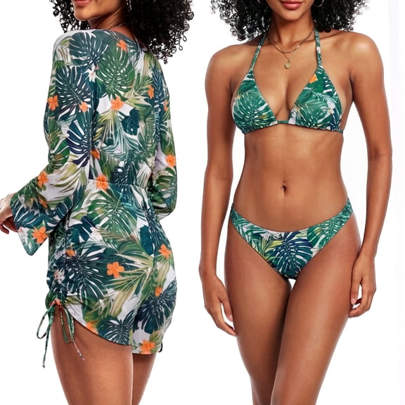 Cadmus Women's 3 Piece Swimsuits Tropical Print Bikini Set with Cover Up,010, Medium