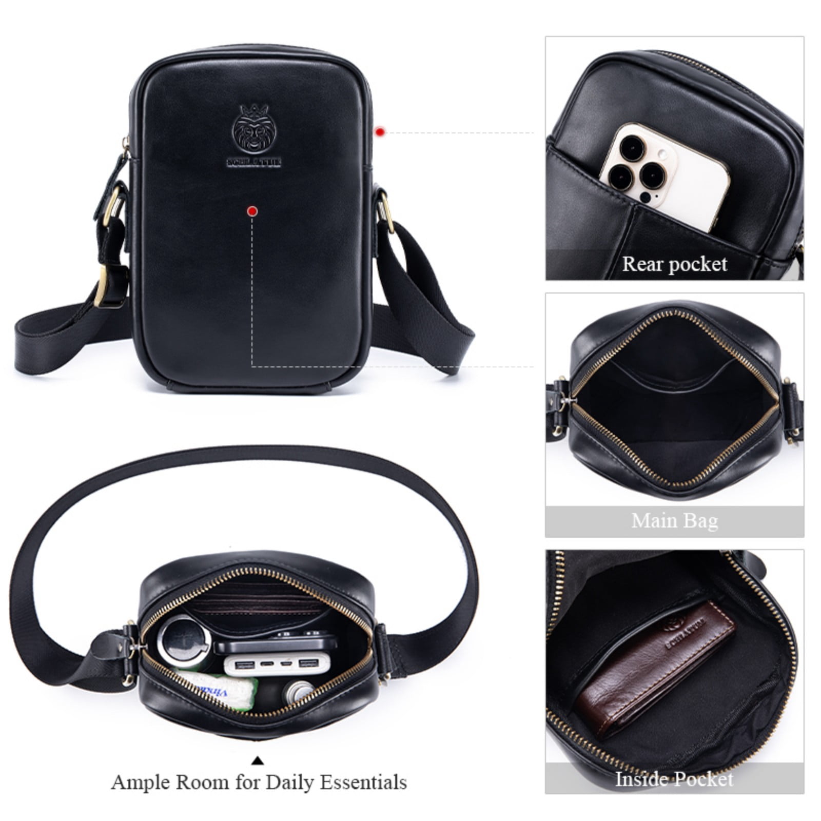 SCHLATUM Leather Crossbody Bag for Men, Shoulder Bag for Men, Man Purse with Zipper and Adjustable Shoulder Strap