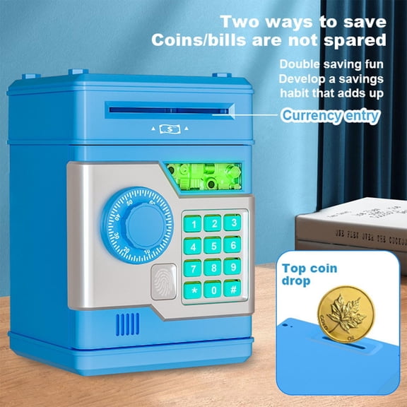 Money Box Gift,Money Saver,Electronic Piggy Bank with Password Large Capacity ATM Piggy Bank Automatic Paper Money Scroll Saving Box,Fingerprint Password Box Bank ATM Deposit(Blue)