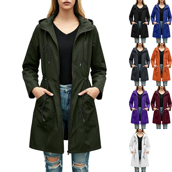 Women's Waterproof Raincoat Long Hooded Jacket Full Zip Drawstring Cinched Waist Trench Coat Windproof for Hiking Outdoor Travel, Army Green, L