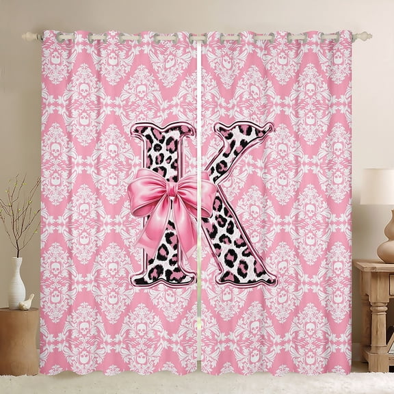 Homewish Leopard Print Letter Black Out Curtains, Ribbon Monogrammed K Curtains Pack of 2 (42x63 Each), Hippie Mandala Damask Bedroom Curtains, Blackout Curtains Decor